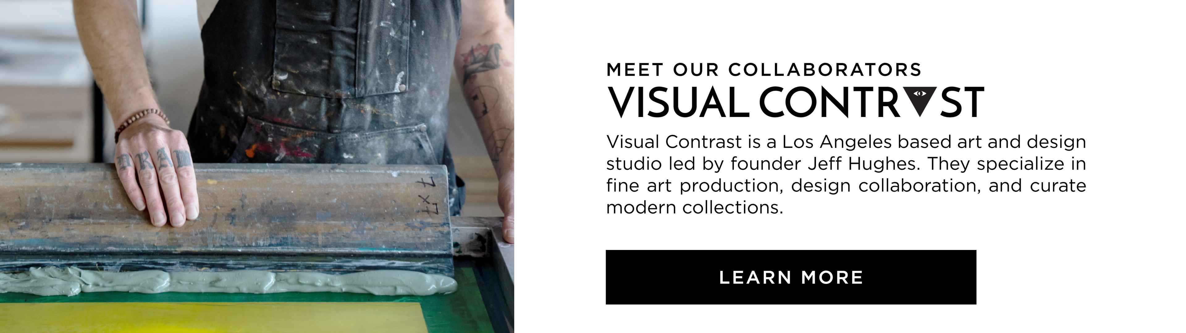 Person holding a piece of art with 'Visual Contrast' text and branding on the right